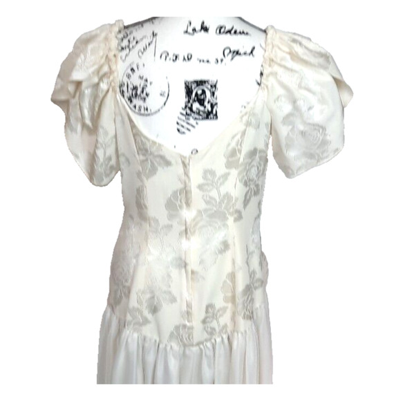 Vintage 80s Satin Chiffon Puff Sleeve Drop Waist Dress Size 16 Formal Wedding - Picture 13 of 16